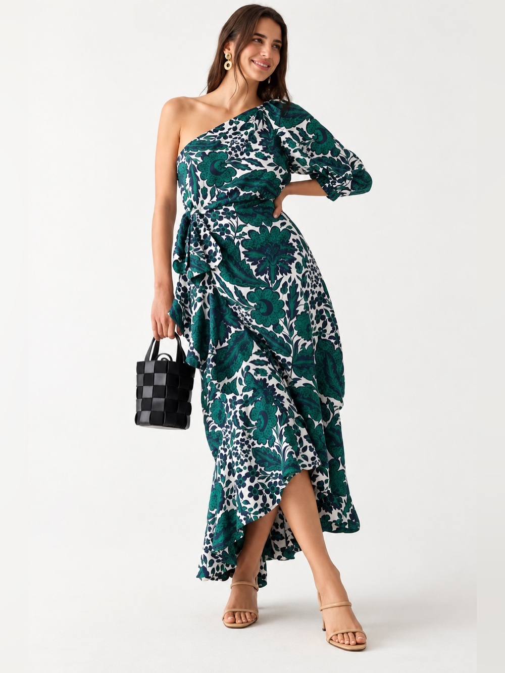J.Crew Collection Emerald Floral One Shoulder Ruffle Midi Dress Size 00